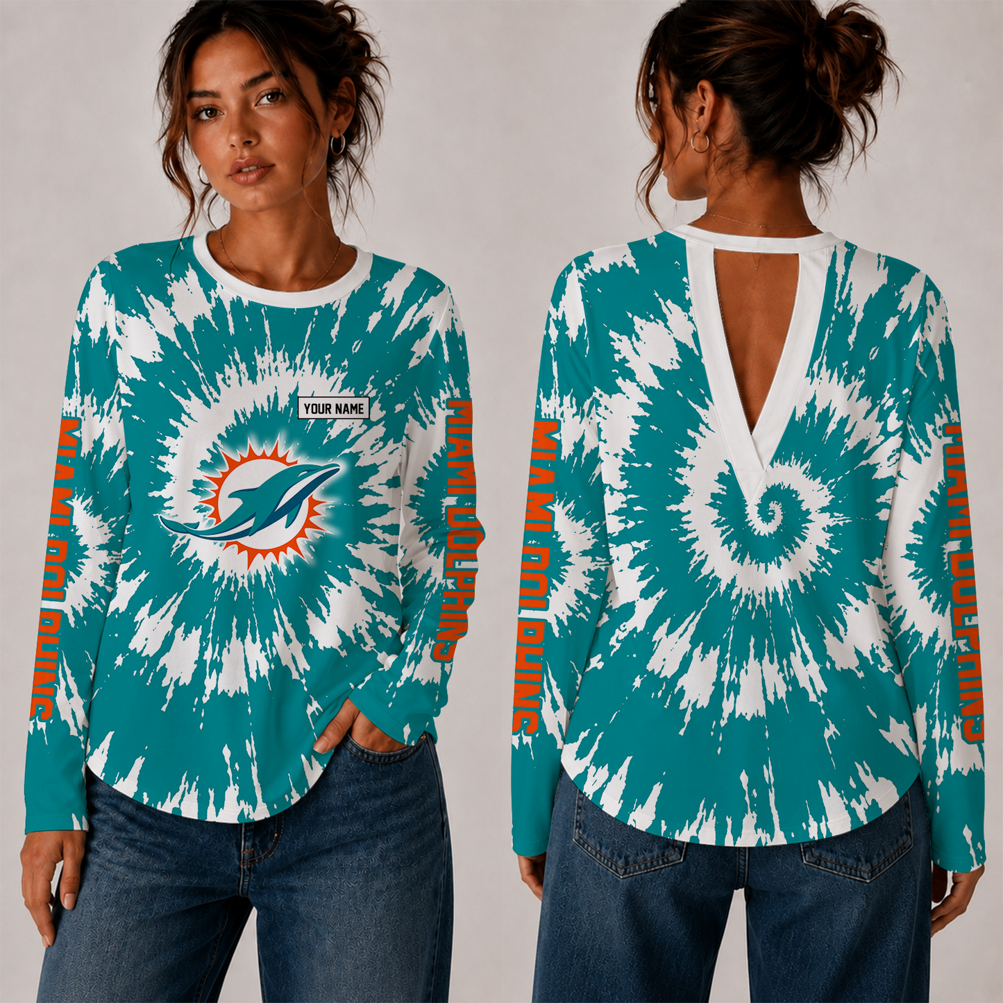 [SPECIAL OFFER] NEW CUSTOMIZED NFL19 MDP MIAMI DOLPHINS WOMEN'S BACK V-CUT LONG-SLEEVE SHIRT