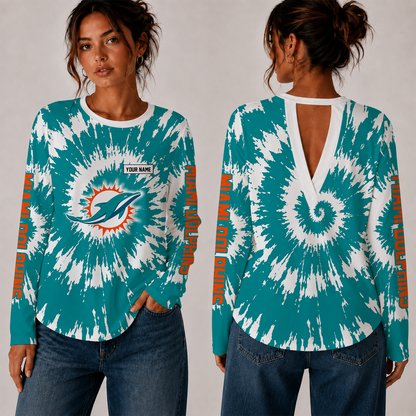 [SPECIAL OFFER] NEW CUSTOMIZED NFL19 MDP MIAMI DOLPHINS WOMEN'S BACK V-CUT LONG-SLEEVE SHIRT