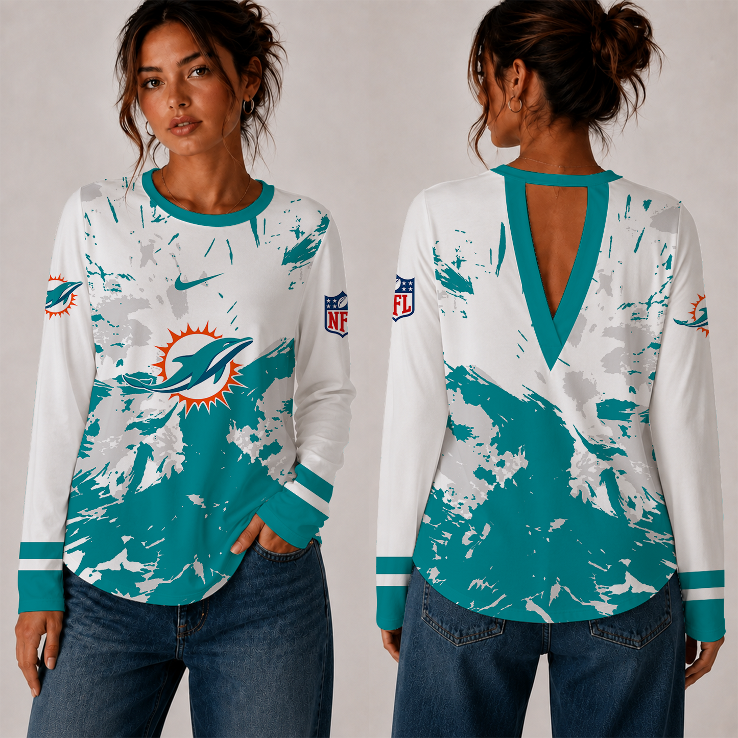 [SPECIAL OFFER] NEW CUSTOMIZED NFL19 MDP MIAMI DOLPHINS WOMEN'S BACK V-CUT LONG-SLEEVE SHIRT
