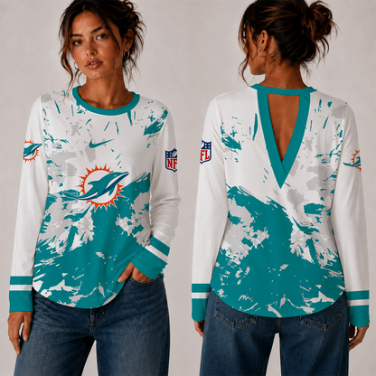 [SPECIAL OFFER] NEW CUSTOMIZED NFL19 MDP MIAMI DOLPHINS WOMEN'S BACK V-CUT LONG-SLEEVE SHIRT