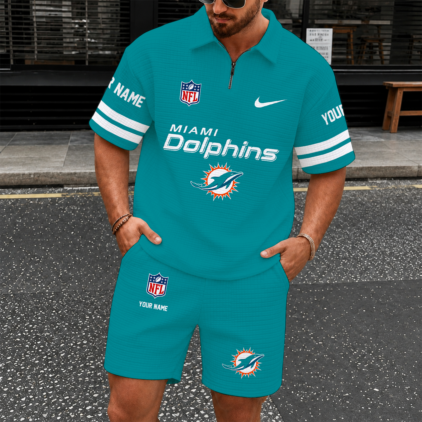 [SPECIAL OFFER] NEW CUSTOMIZED NFL19 MDP MIAMI DOLPHINS QUARTER-ZIP POLO SHIRT & SHORTS SET