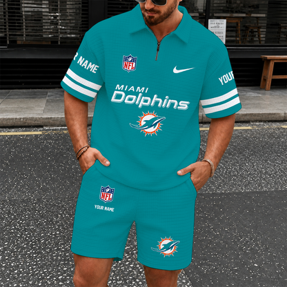 [SPECIAL OFFER] NEW CUSTOMIZED NFL19 MDP MIAMI DOLPHINS QUARTER-ZIP POLO SHIRT & SHORTS SET