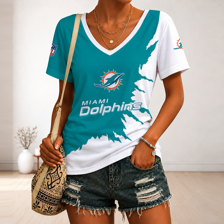 [SPECIAL OFFER] NEW CUSTOMIZED NFL19 MDP MIAMI DOLPHINS V-NECK FEMALE SHIRT