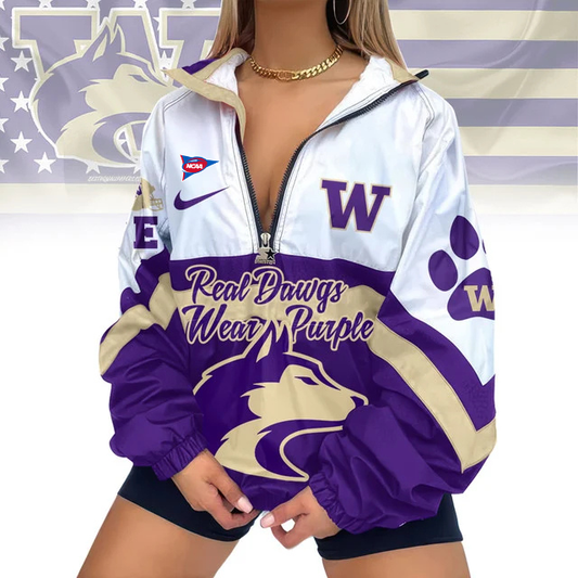 LIMITED EDITION - NEW CUSTOMIZED FBS NCAA19 WSH WS HUSKIES V-NECK ZIPPER SWEATSHIRT JACKET