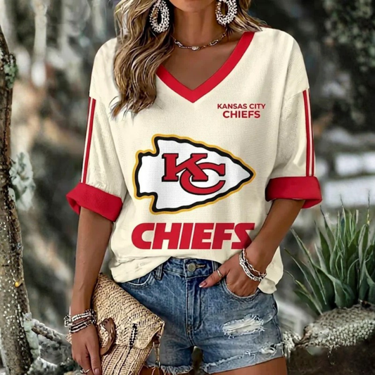 [SPECIAL OFFER] NEW CUSTOMIZED NFL01 KCC KANSAS CITY CHIEFS WOMEN'S HEART V-NECK LONG SLEEVE SHIRT