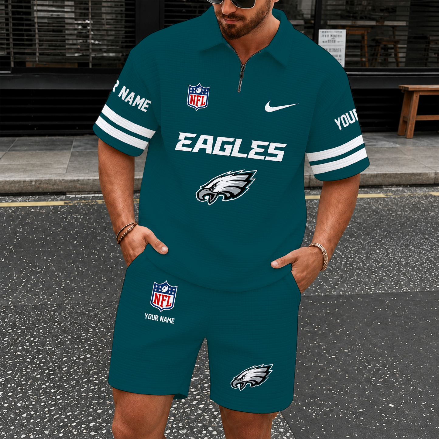 [SPECIAL OFFER] NEW CUSTOMIZED NFL02 PPE PHILADELPHIA EAGLES QUARTER-ZIP POLO SHIRT & SHORTS SET