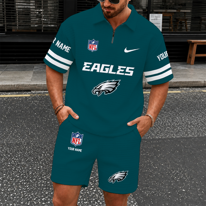 [SPECIAL OFFER] NEW CUSTOMIZED NFL02 PPE PHILADELPHIA EAGLES QUARTER-ZIP POLO SHIRT & SHORTS SET