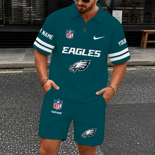 [SPECIAL OFFER] NEW CUSTOMIZED NFL02 PPE PHILADELPHIA EAGLES QUARTER-ZIP POLO SHIRT & SHORTS SET