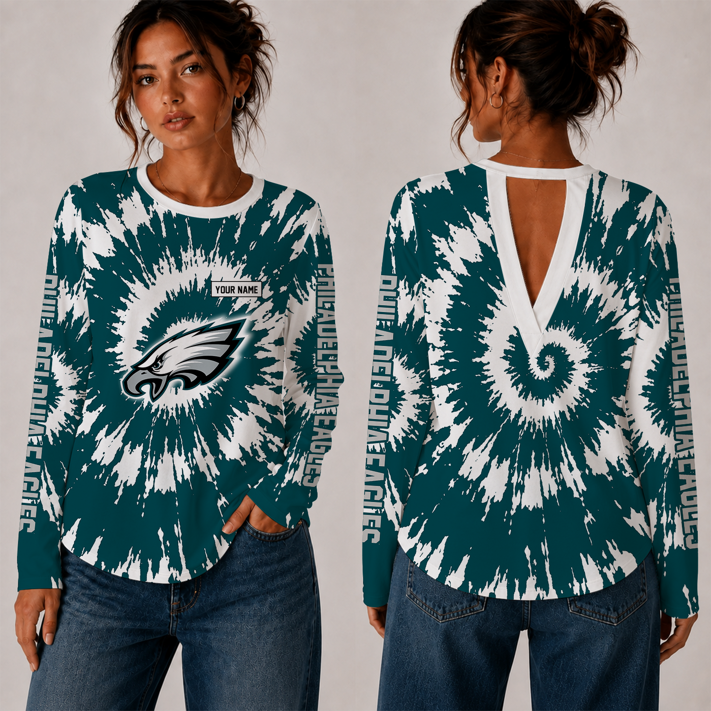 [SPECIAL OFFER] NEW CUSTOMIZED NFL02 PPE PHILADELPHIA EAGLES WOMEN'S BACK V-CUT LONG-SLEEVE SHIRT
