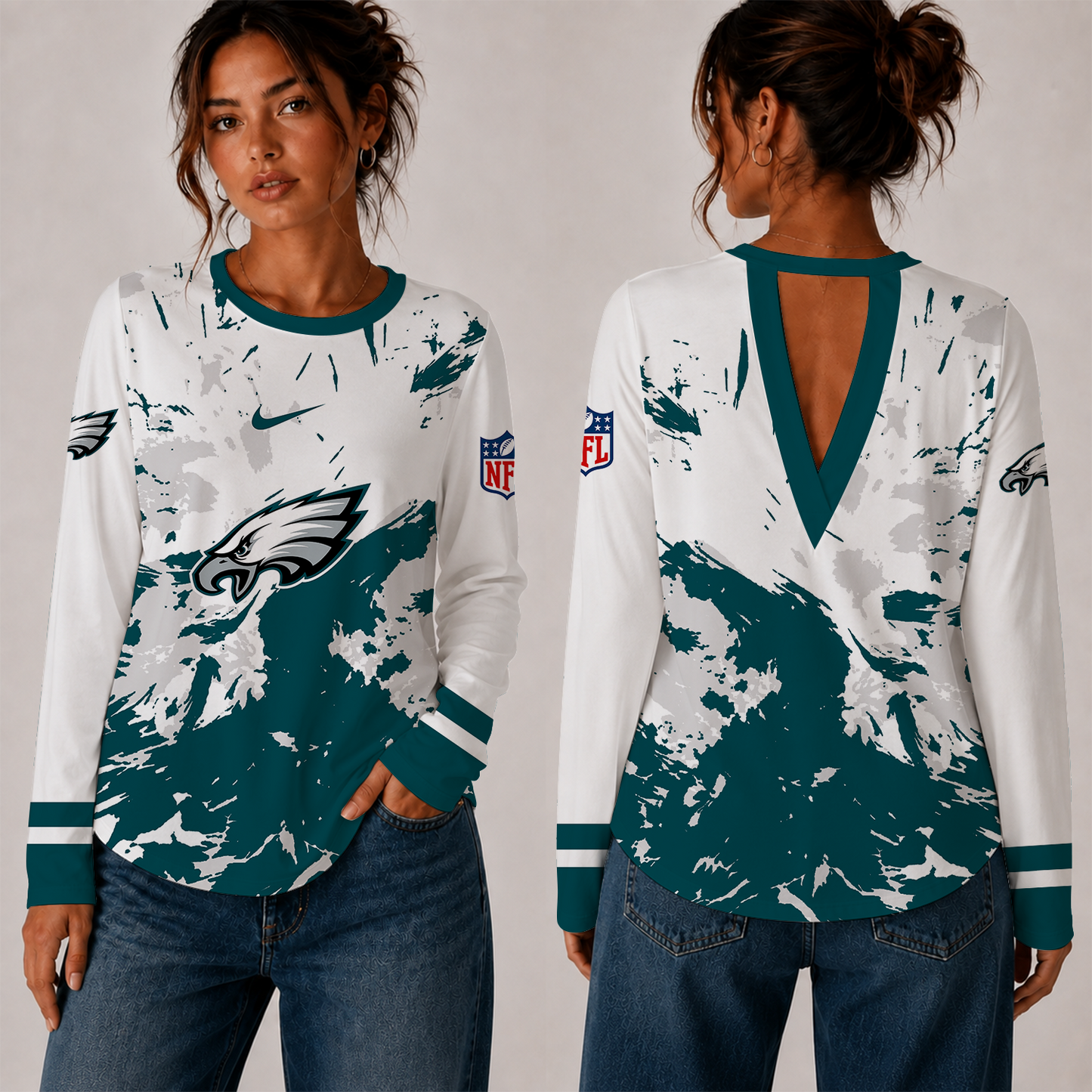 [SPECIAL OFFER] NEW CUSTOMIZED NFL02 PPE PHILADELPHIA EAGLES WOMEN'S BACK V-CUT LONG-SLEEVE SHIRT