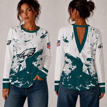 [SPECIAL OFFER] NEW CUSTOMIZED NFL02 PPE PHILADELPHIA EAGLES WOMEN'S BACK V-CUT LONG-SLEEVE SHIRT
