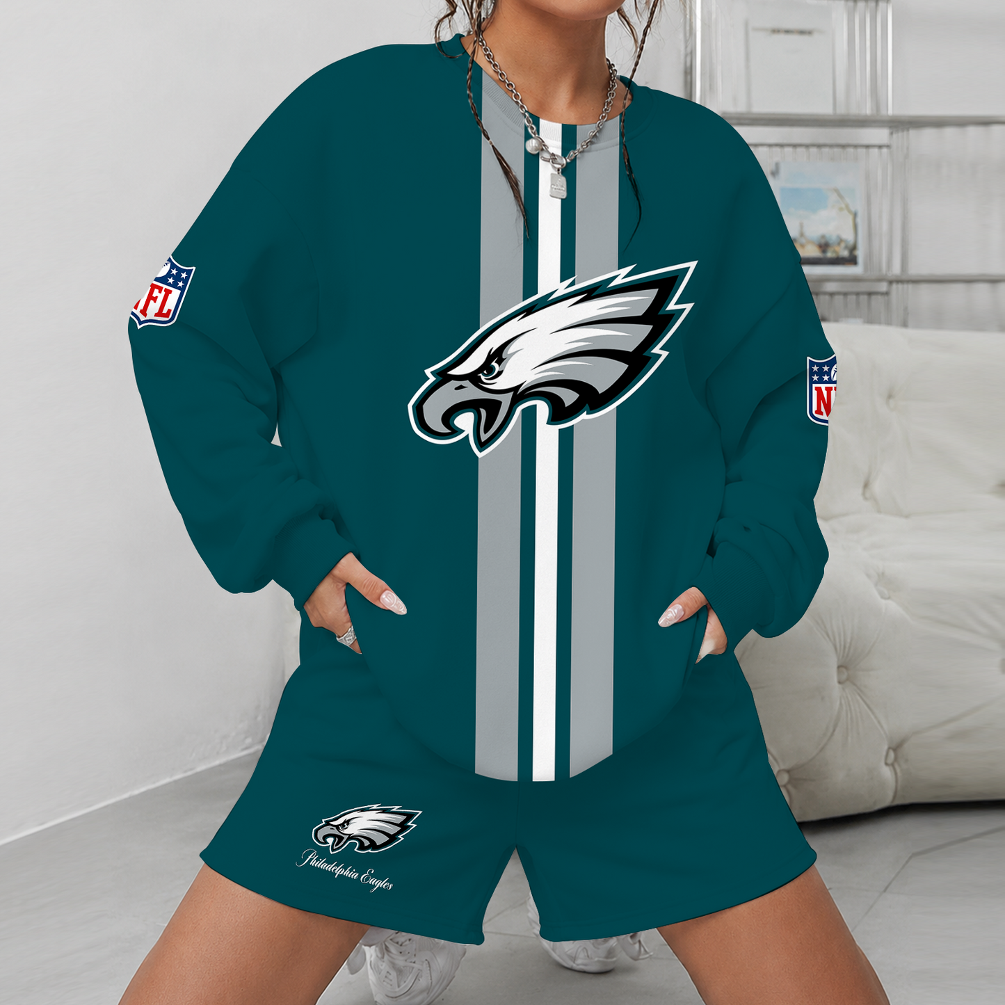 [SPECIAL OFFER] NEW CUSTOMIZED NFL02 PPE PHILADELPHIA EAGLES UNISEX SWEATSHIRT & SHORTS SET