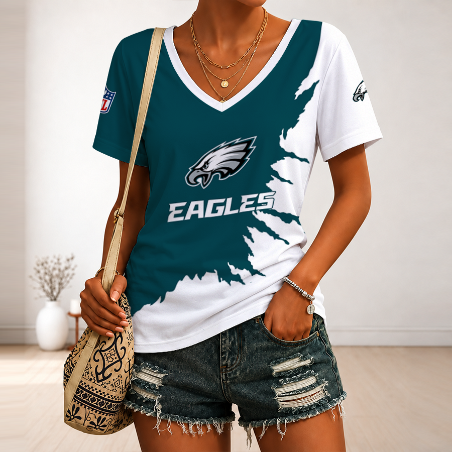 [SPECIAL OFFER] NEW CUSTOMIZED NFL02 PPE PHILADELPHIA EAGLES V-NECK FEMALE SHIRT