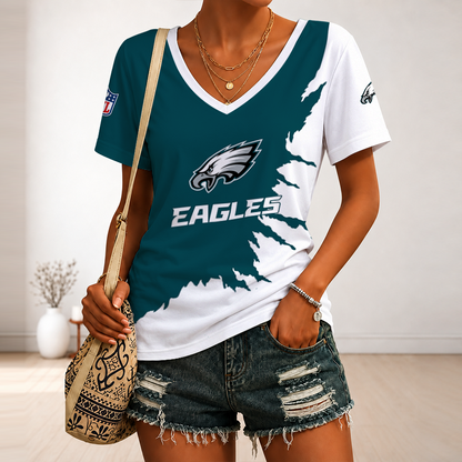 [SPECIAL OFFER] NEW CUSTOMIZED NFL02 PPE PHILADELPHIA EAGLES V-NECK FEMALE SHIRT