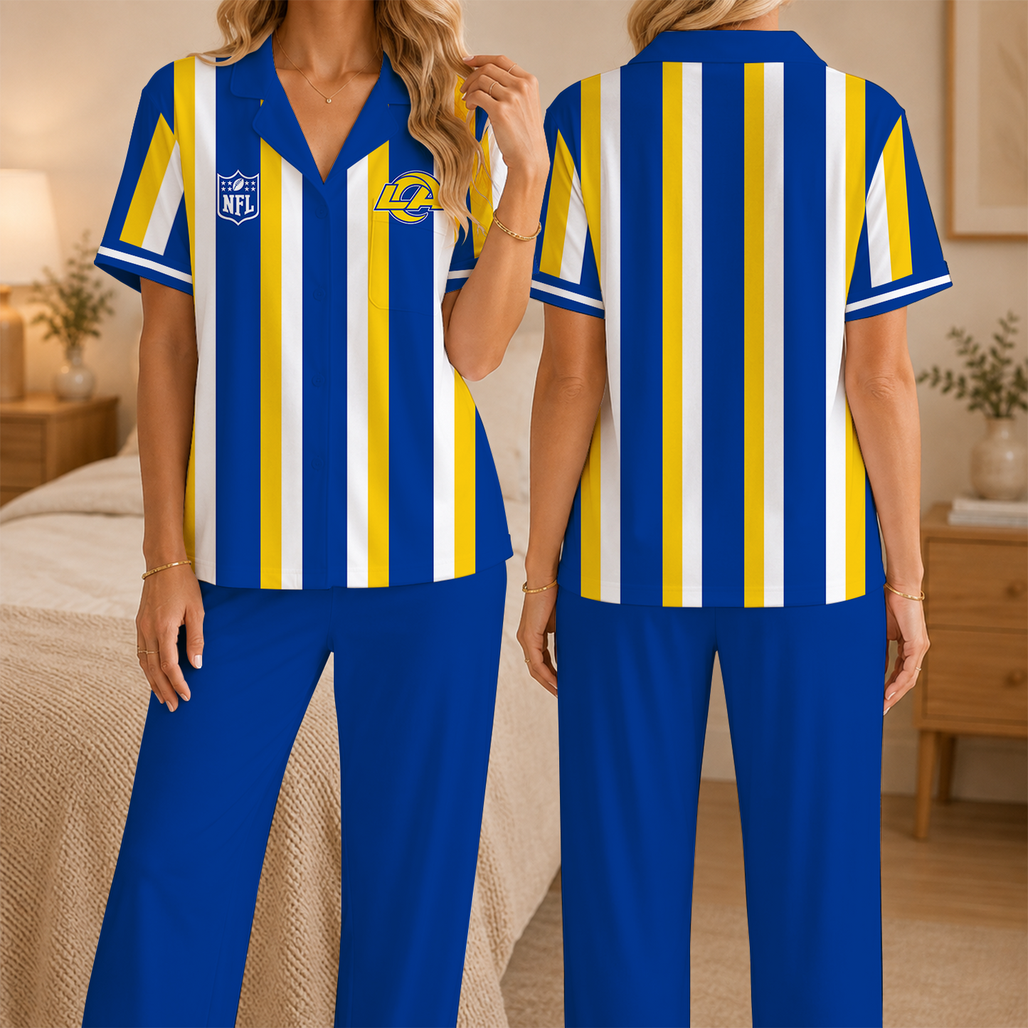 [SPECIAL OFFER] NEW CUSTOMIZED NFL22 LAR LOS ANGELES RAMS SHORT SLEEVE & LONG PANTS PAJAMAS SET