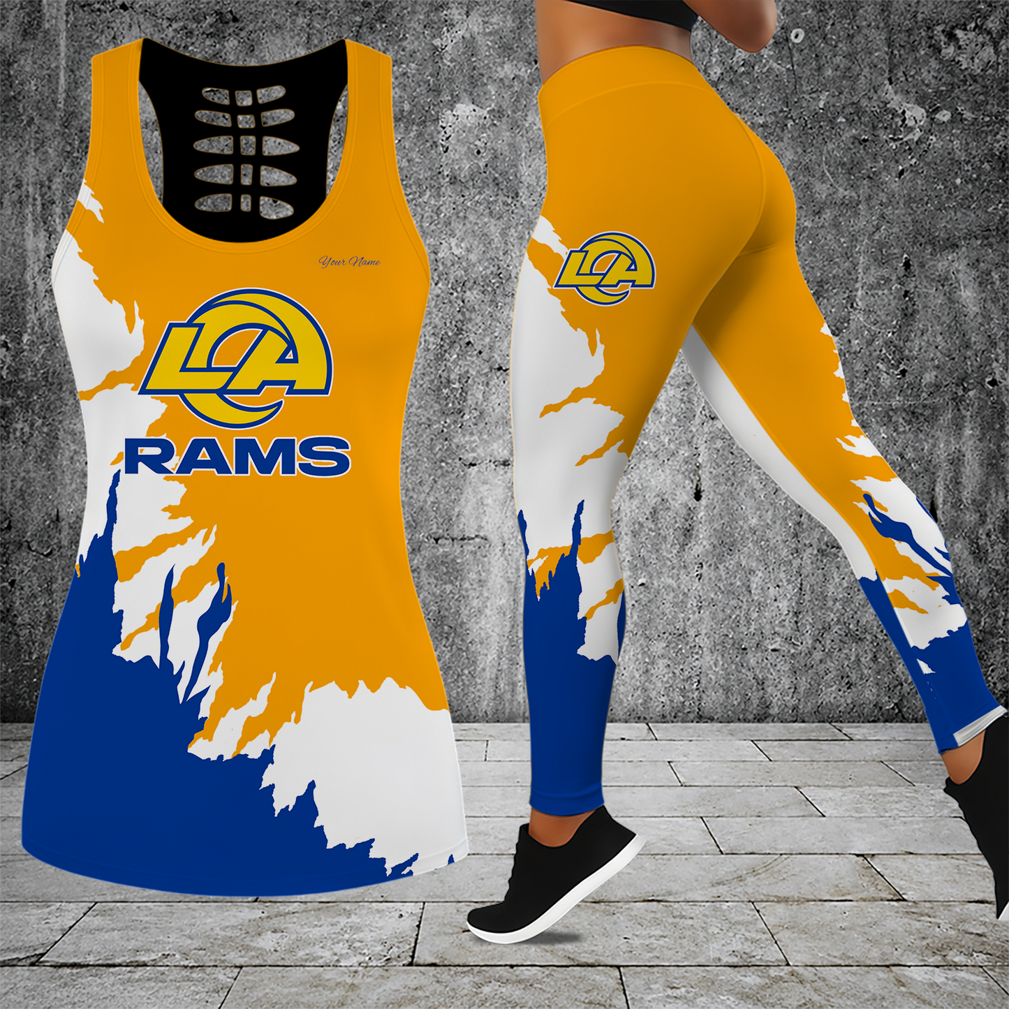 [SPECIAL OFFER] NEW CUSTOMIZED NFL22 LAR LOS ANGELES RAMS HOLLOW TANK TOP & LEGGINGS SET
