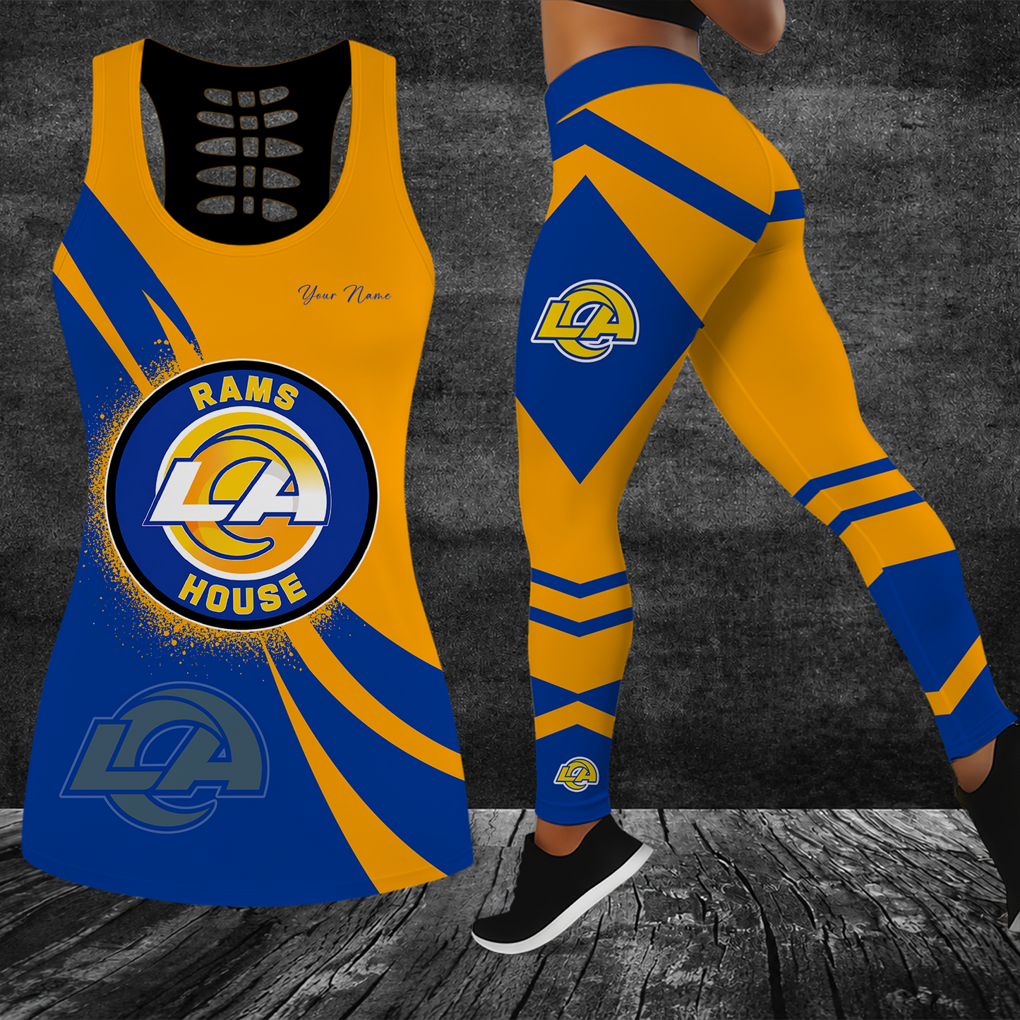 [SPECIAL OFFER] NEW CUSTOMIZED NFL22 LAR LOS ANGELES RAMS HOLLOW TANK TOP & LEGGINGS SET