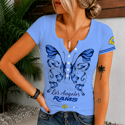 [SPECIAL OFFER] NEW CUSTOMIZED NFL22 LAR LOS ANGELES RAMS WOMEN'S SHORT SLEEVE HENLEY T-SHIRT