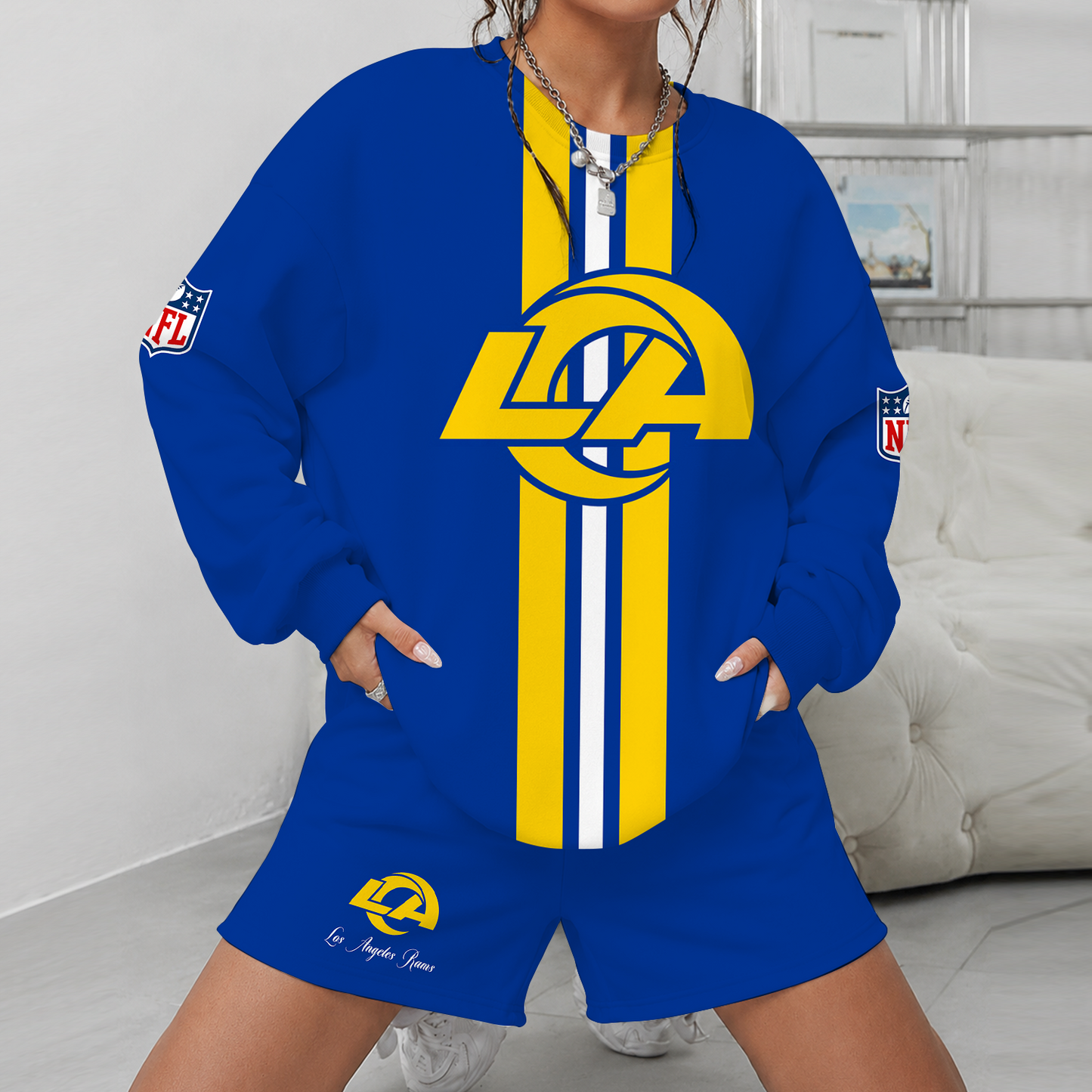 [SPECIAL OFFER] NEW CUSTOMIZED NFL22 LAR LOS ANGELES RAMS UNISEX SWEATSHIRT & SHORTS SET