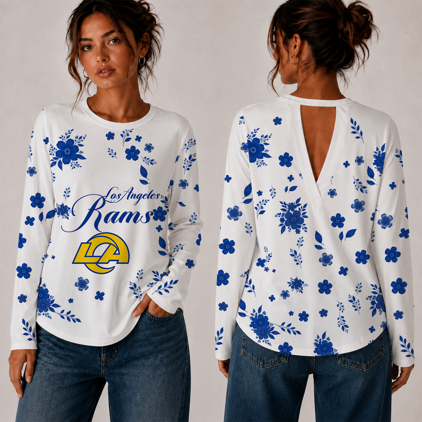 [SPECIAL OFFER] NEW CUSTOMIZED NFL22 LAR LOS ANGELES RAMS WOMEN'S BACK V-CUT LONG-SLEEVE SHIRT