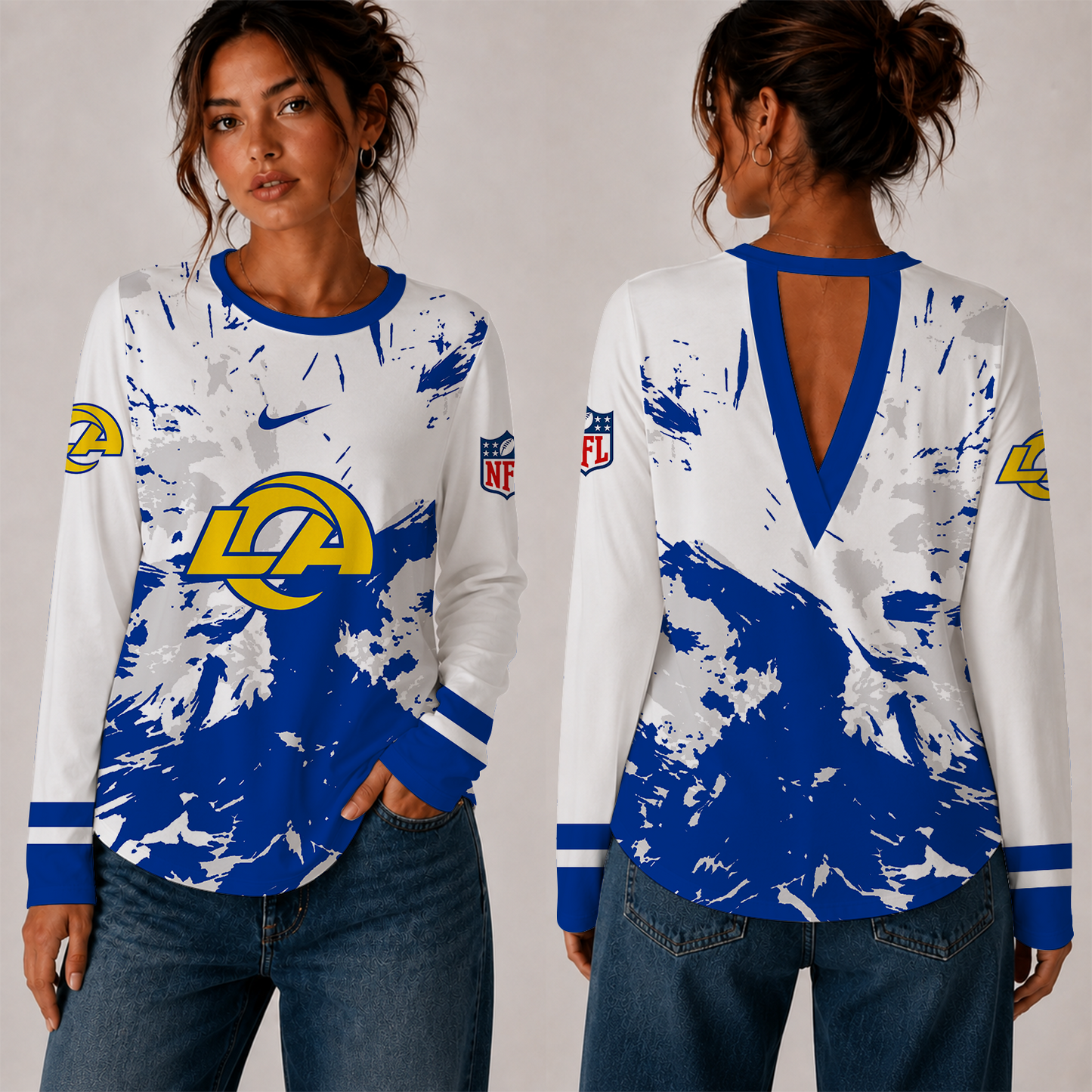 [SPECIAL OFFER] NEW CUSTOMIZED NFL22 LAR LOS ANGELES RAMS WOMEN'S BACK V-CUT LONG-SLEEVE SHIRT