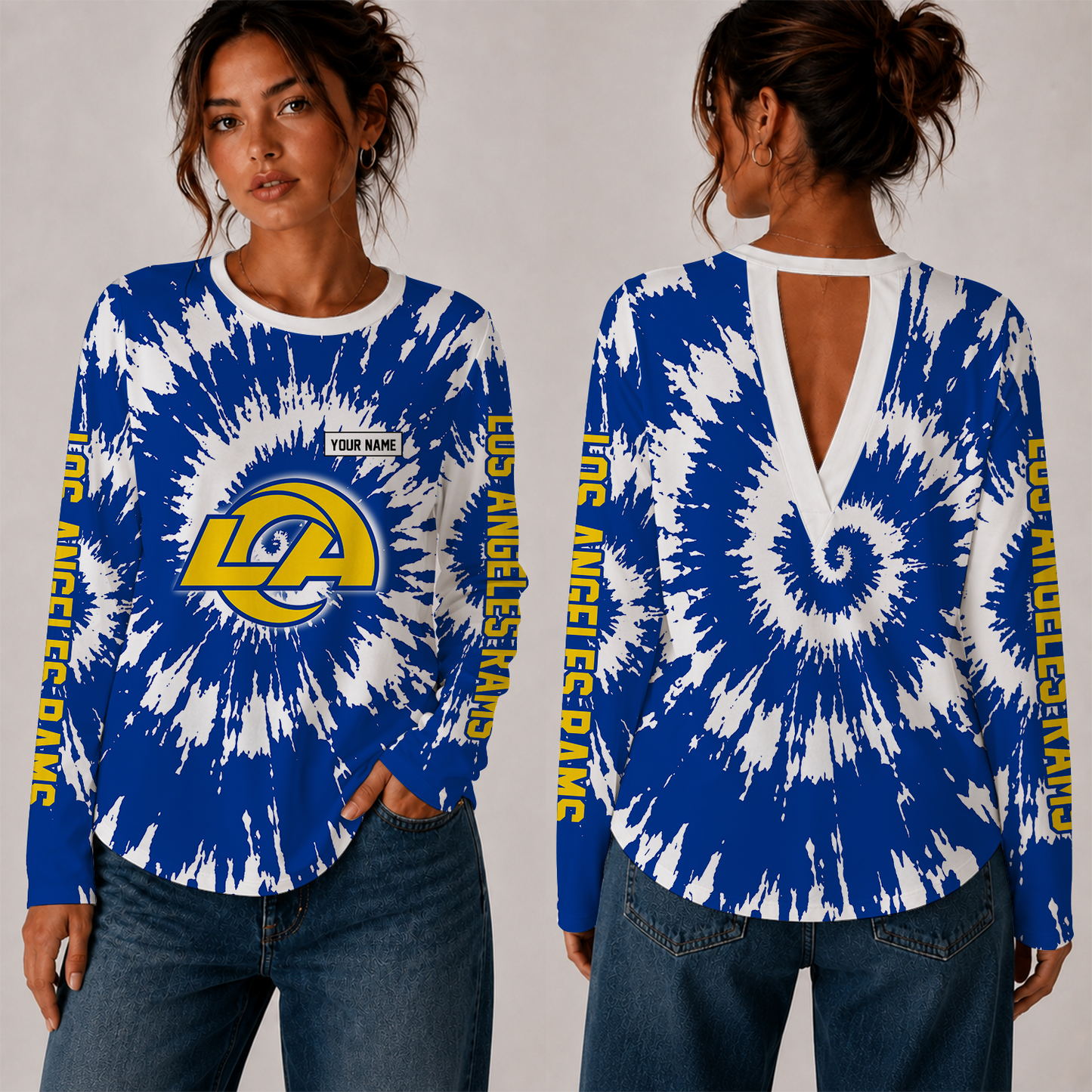[SPECIAL OFFER] NEW CUSTOMIZED NFL22 LAR LOS ANGELES RAMS WOMEN'S BACK V-CUT LONG-SLEEVE SHIRT