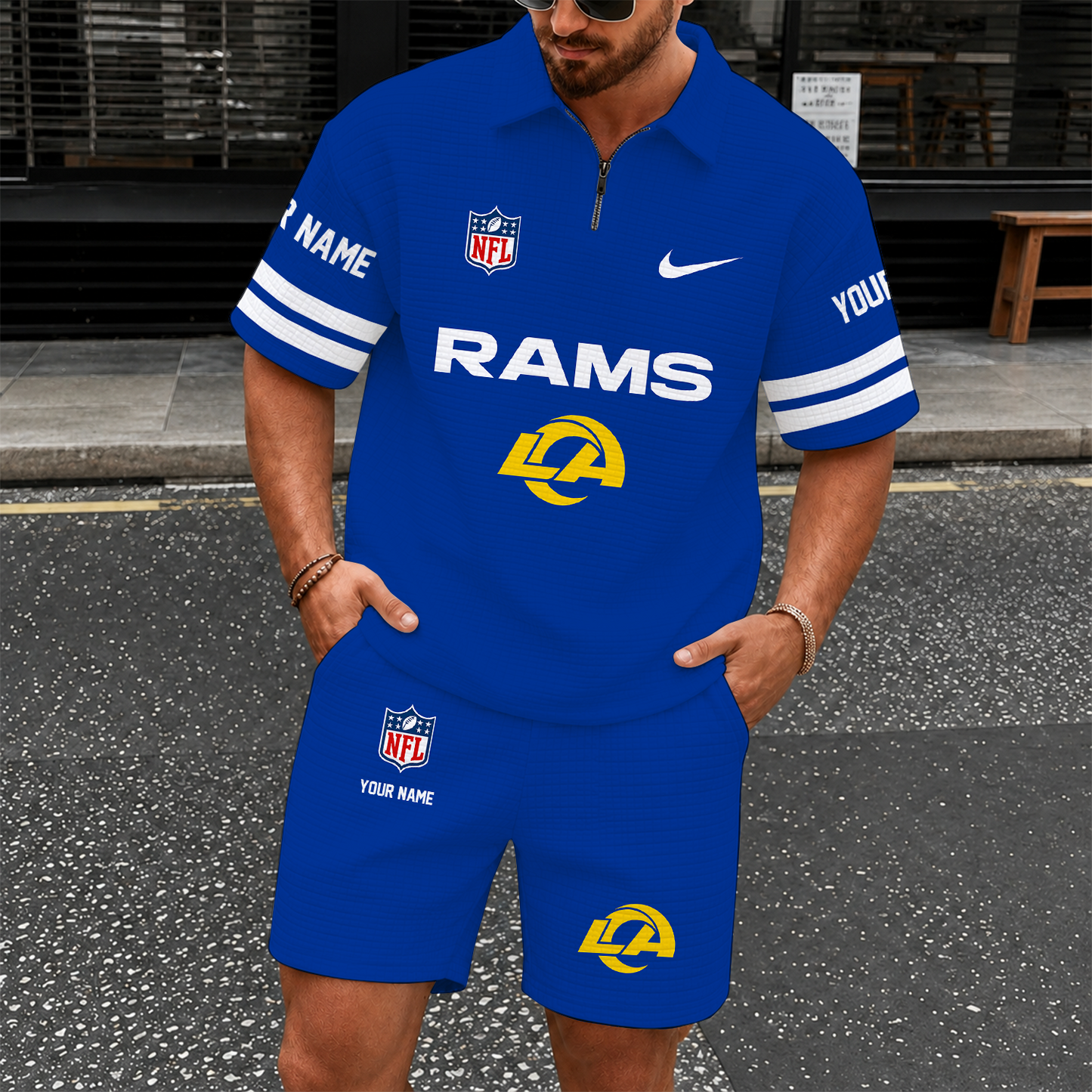 [SPECIAL OFFER] NEW CUSTOMIZED NFL22 LAR LOS ANGELES RAMS QUARTER-ZIP POLO SHIRT & SHORTS SET
