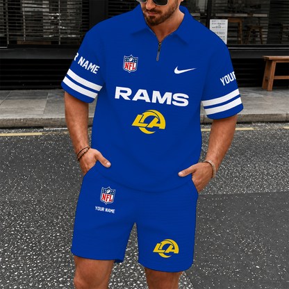 [SPECIAL OFFER] NEW CUSTOMIZED NFL22 LAR LOS ANGELES RAMS QUARTER-ZIP POLO SHIRT & SHORTS SET