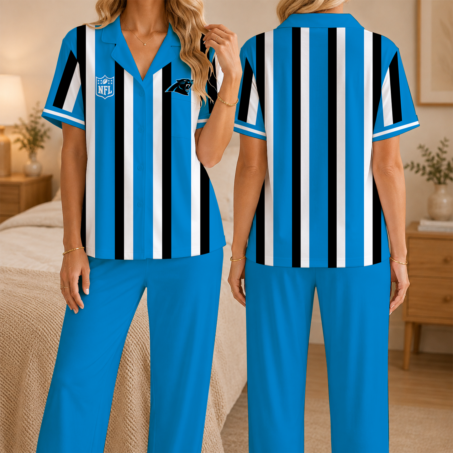 [SPECIAL OFFER] NEW CUSTOMIZED NFL23 CLP CAROLINA PANTHERS SHORT SLEEVE & LONG PANTS PAJAMAS SET
