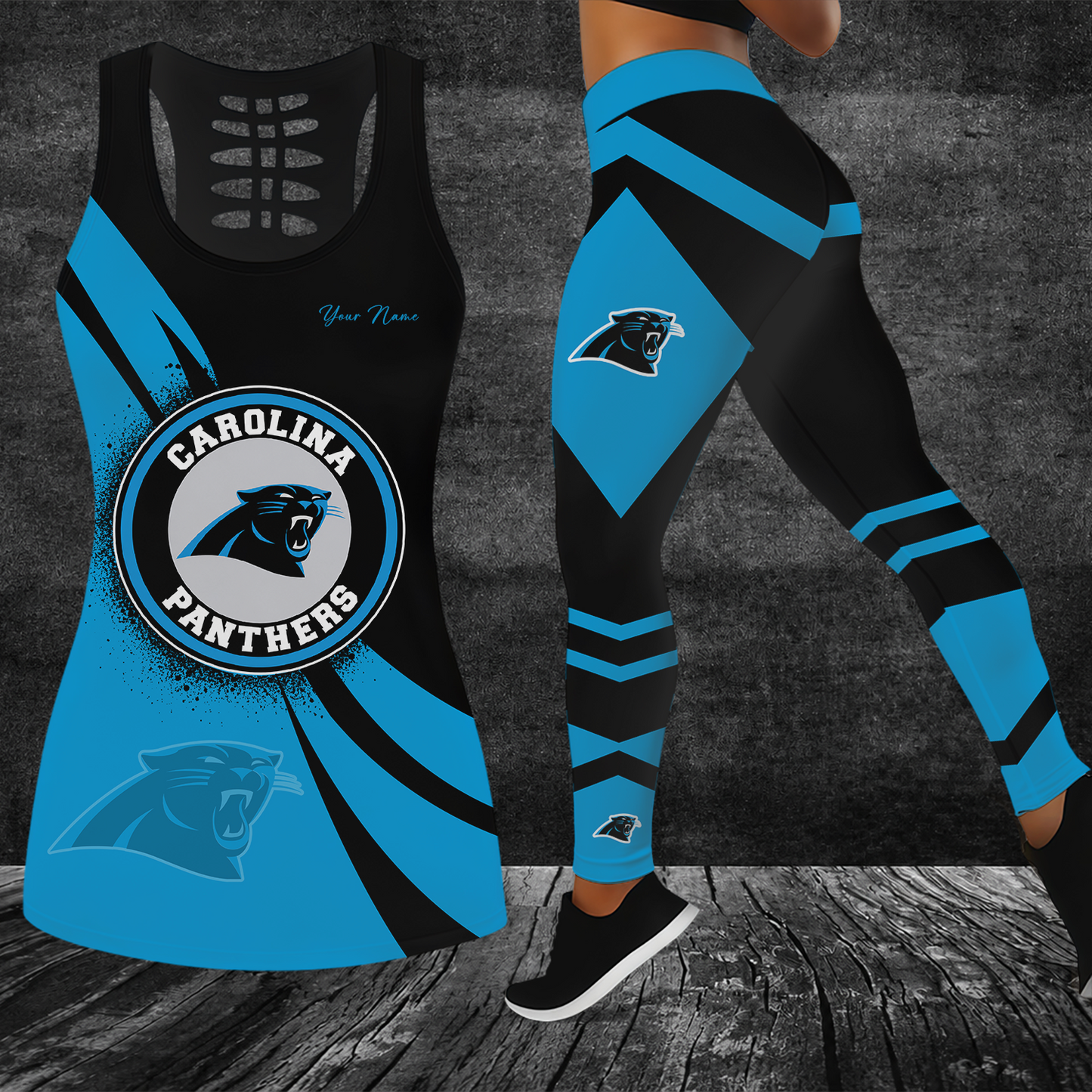 [SPECIAL OFFER] NEW CUSTOMIZED NFL23 CLP CAROLINA PANTHERS HOLLOW TANK TOP & LEGGINGS SET
