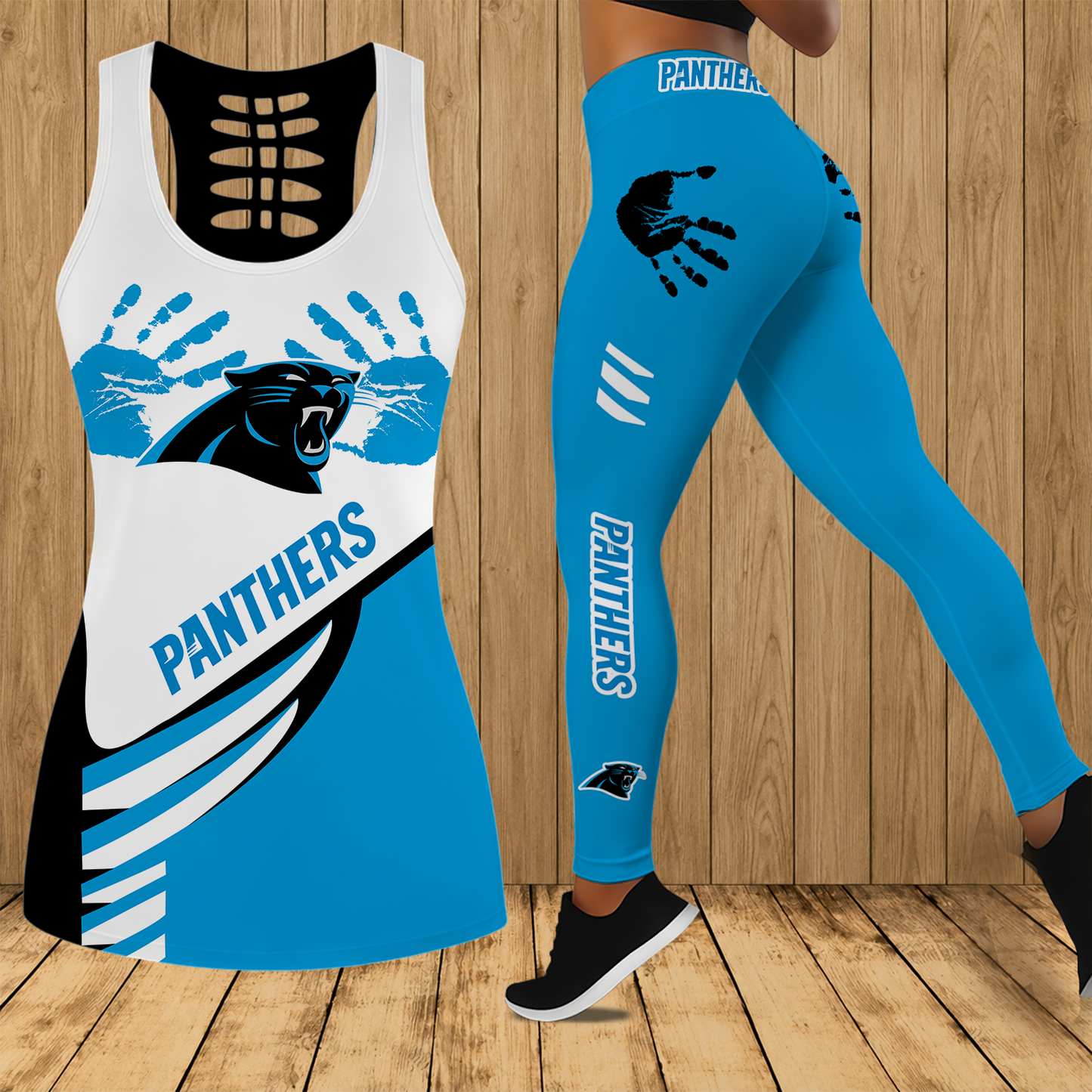 [SPECIAL OFFER] NEW CUSTOMIZED NFL23 CLP CAROLINA PANTHERS HOLLOW TANK TOP & LEGGINGS SET