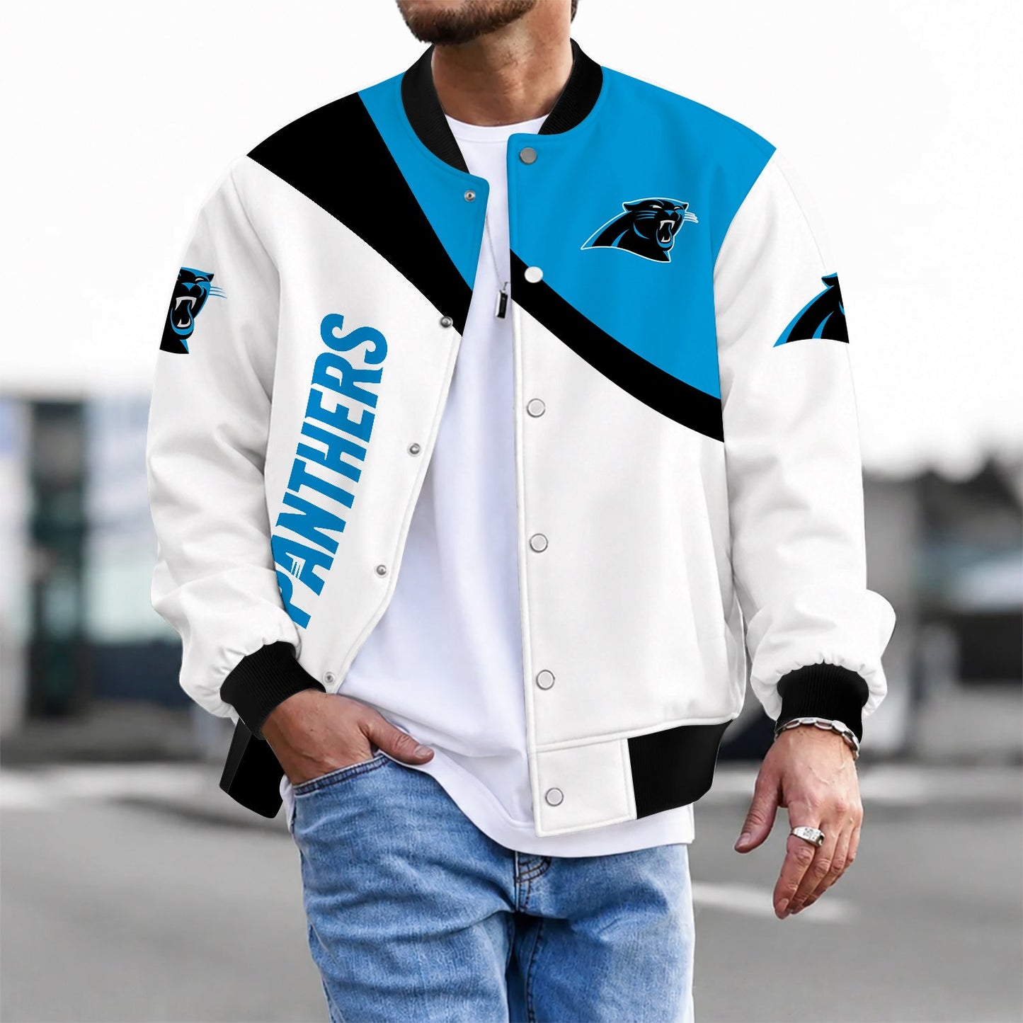 [SPECIAL OFFER] NEW CUSTOMIZED NFL23 CLP CAROLINA PANTHERS SATIN VARSITY & BASEBALL JACKET