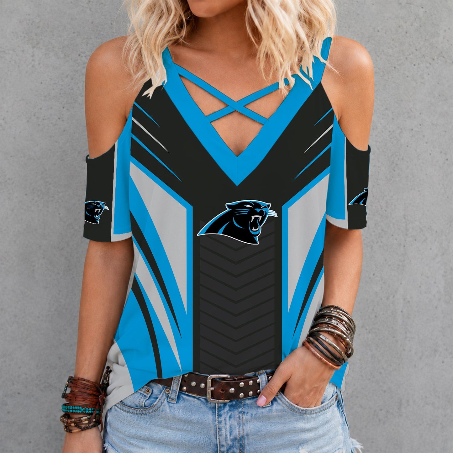 [SPECIAL OFFER] NEW CUSTOMIZED NFL23 CLP CAROLINA PANTHERS CRISS CROSS V-NECK TOP