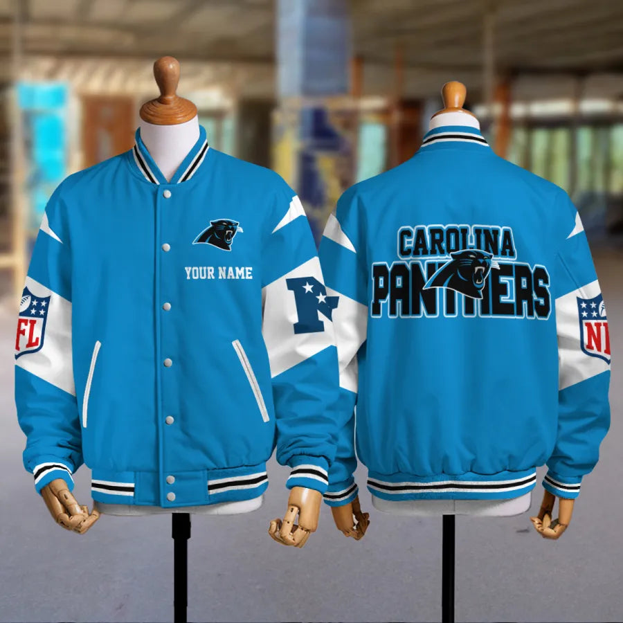 [SPECIAL OFFER] NEW CUSTOMIZED NFL23 CLP CAROLINA PANTHERS SATIN VARSITY & BASEBALL JACKET