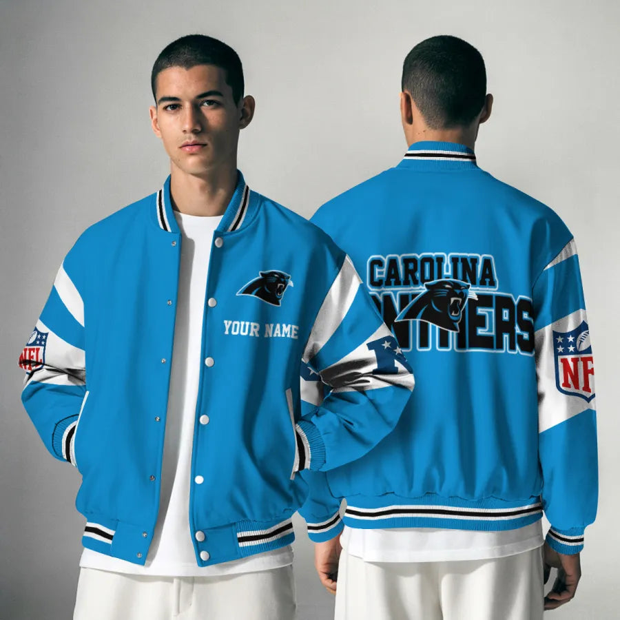 [SPECIAL OFFER] NEW CUSTOMIZED NFL23 CLP CAROLINA PANTHERS SATIN VARSITY & BASEBALL JACKET