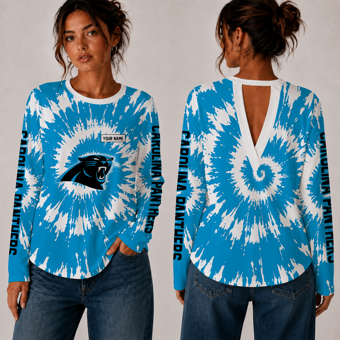 [SPECIAL OFFER] NEW CUSTOMIZED NFL23 CLP CAROLINA PANTHERS WOMEN'S BACK V-CUT LONG-SLEEVE SHIRT