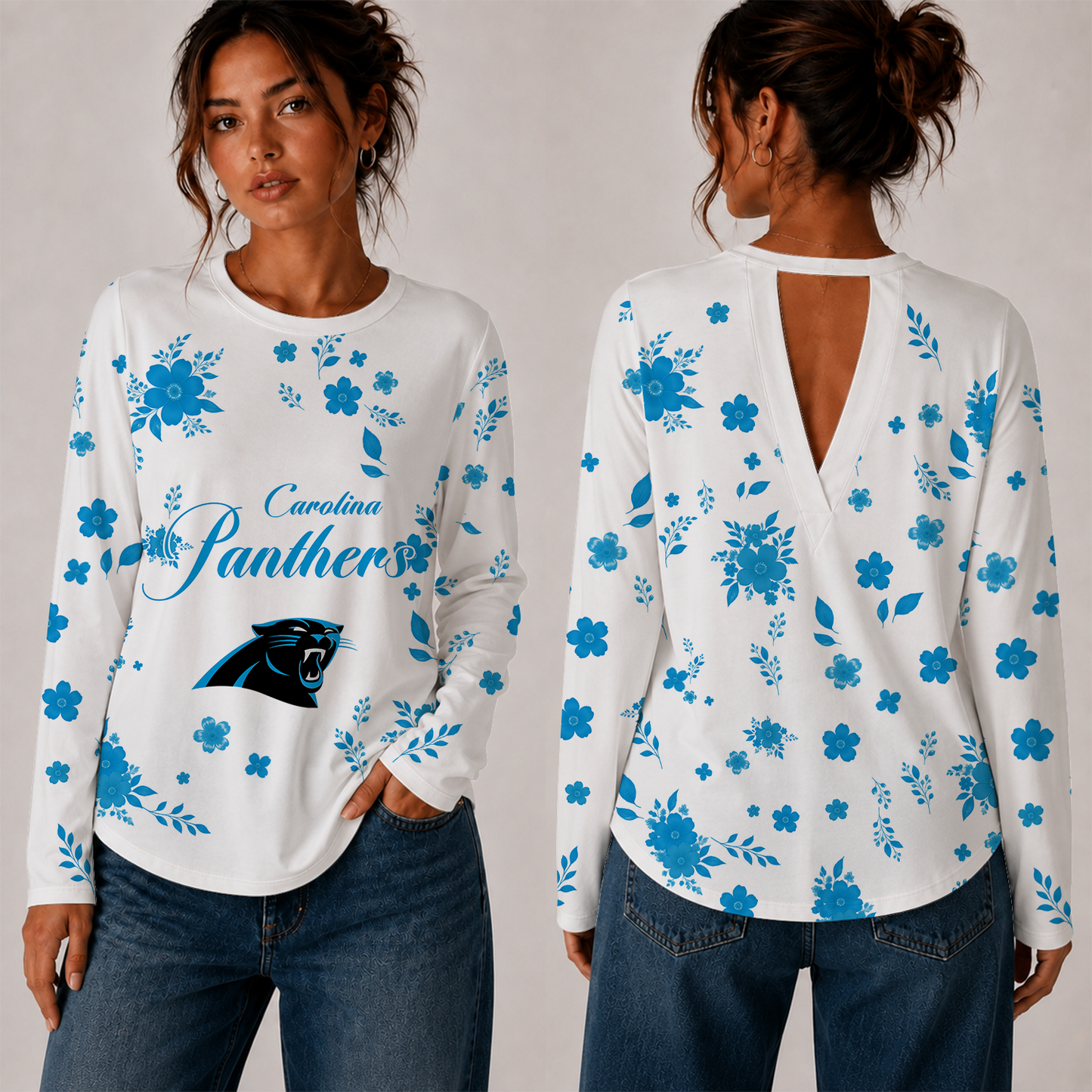 [SPECIAL OFFER] NEW CUSTOMIZED NFL23 CLP CAROLINA PANTHERS WOMEN'S BACK V-CUT LONG-SLEEVE SHIRT