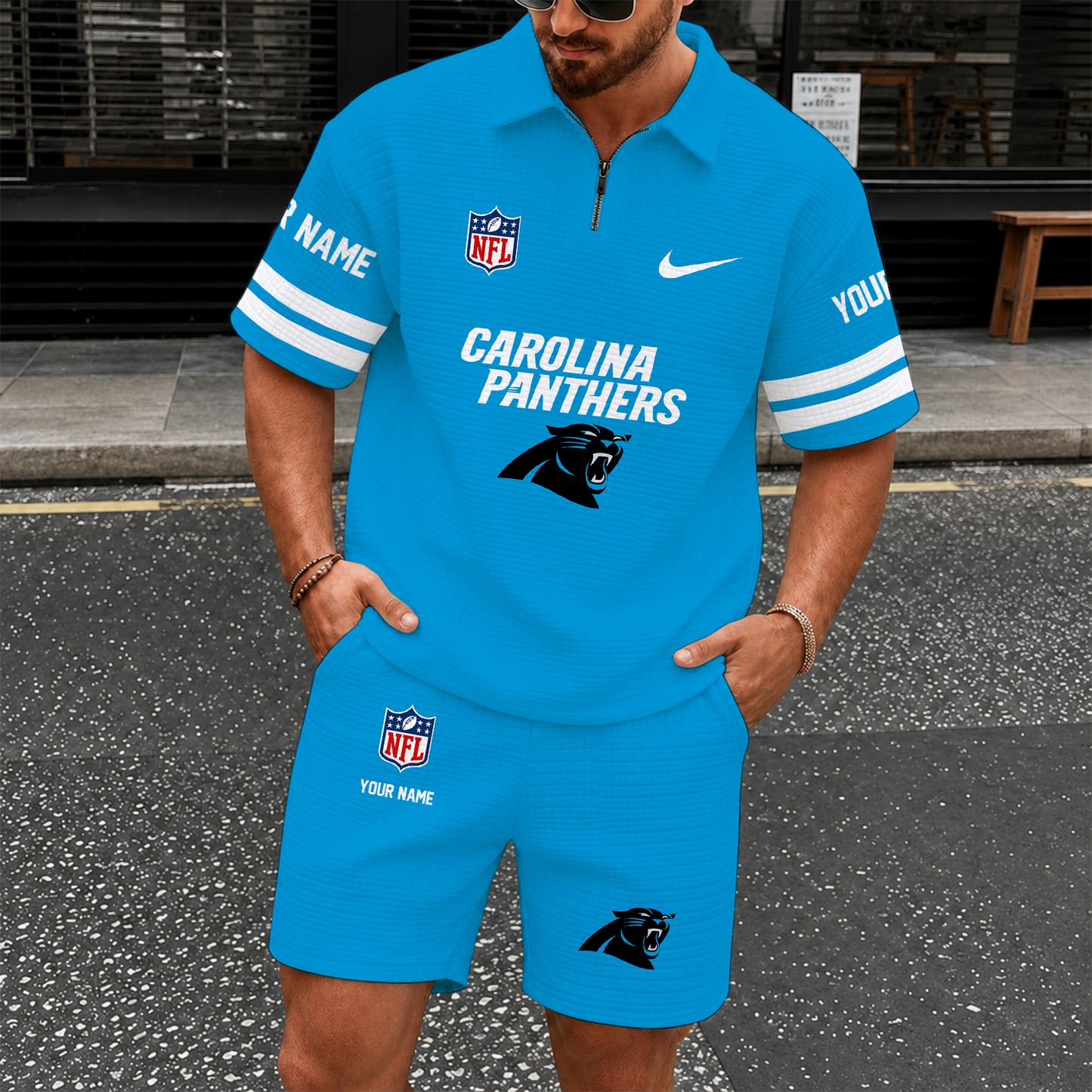 [SPECIAL OFFER] NEW CUSTOMIZED NFL23 CLP CAROLINA PANTHERS QUARTER-ZIP POLO SHIRT & SHORTS SET