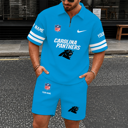 [SPECIAL OFFER] NEW CUSTOMIZED NFL23 CLP CAROLINA PANTHERS QUARTER-ZIP POLO SHIRT & SHORTS SET