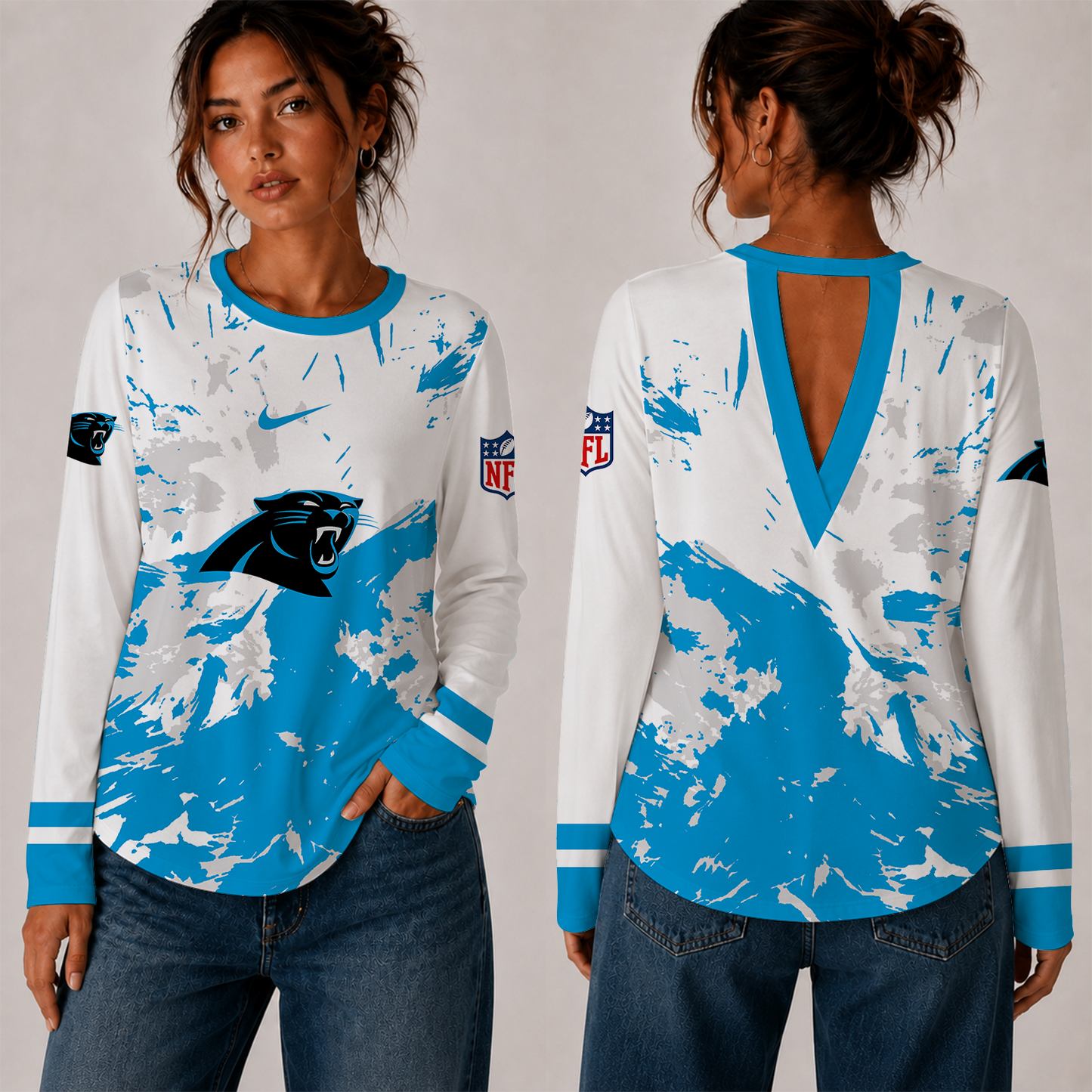 [SPECIAL OFFER] NEW CUSTOMIZED NFL23 CLP CAROLINA PANTHERS WOMEN'S BACK V-CUT LONG-SLEEVE SHIRT