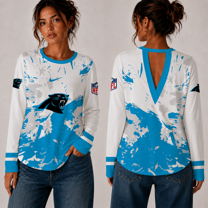 [SPECIAL OFFER] NEW CUSTOMIZED NFL23 CLP CAROLINA PANTHERS WOMEN'S BACK V-CUT LONG-SLEEVE SHIRT