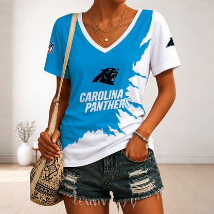 [SPECIAL OFFER] NEW CUSTOMIZED NFL23 CLP CAROLINA PANTHERS V-NECK FEMALE SHIRT