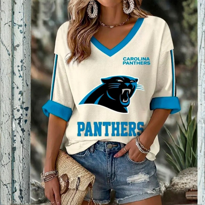 [SPECIAL OFFER] NEW CUSTOMIZED NFL23 CLP CAROLINA PANTHERS WOMEN'S HEART V-NECK LONG SLEEVE SHIRT