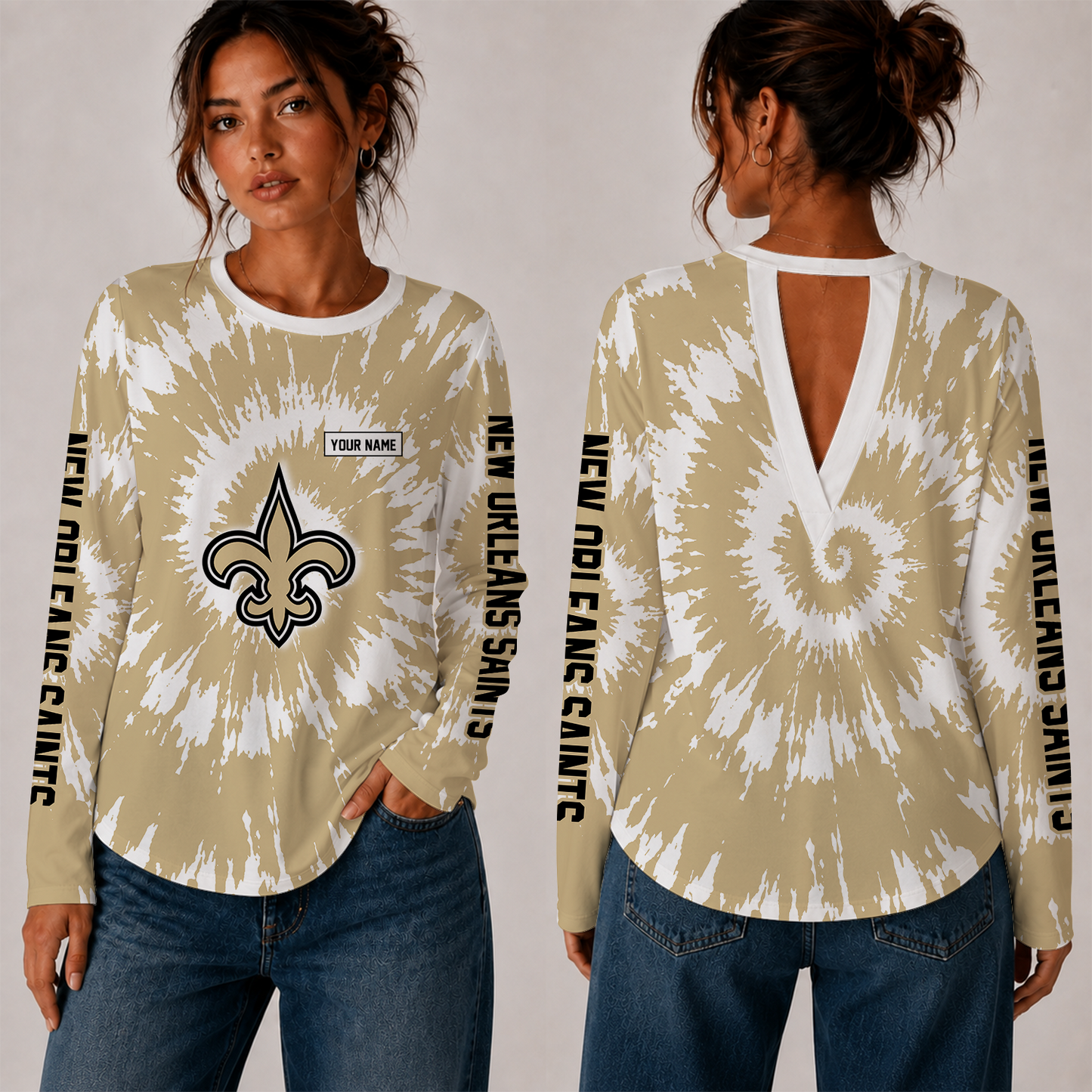 [SPECIAL OFFER] NEW CUSTOMIZED NFL24 NOS NEW ORLEANS SAINTS WOMEN'S BACK V-CUT LONG-SLEEVE SHIRT