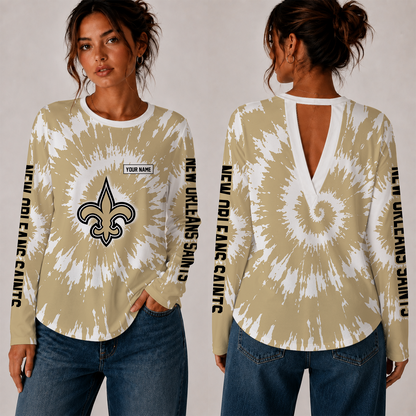 [SPECIAL OFFER] NEW CUSTOMIZED NFL24 NOS NEW ORLEANS SAINTS WOMEN'S BACK V-CUT LONG-SLEEVE SHIRT