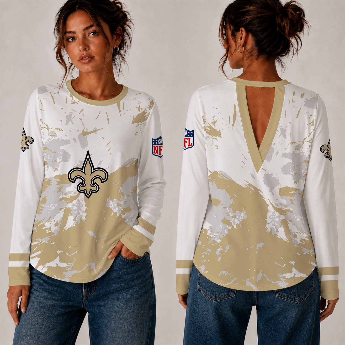 [SPECIAL OFFER] NEW CUSTOMIZED NFL24 NOS NEW ORLEANS SAINTS WOMEN'S BACK V-CUT LONG-SLEEVE SHIRT