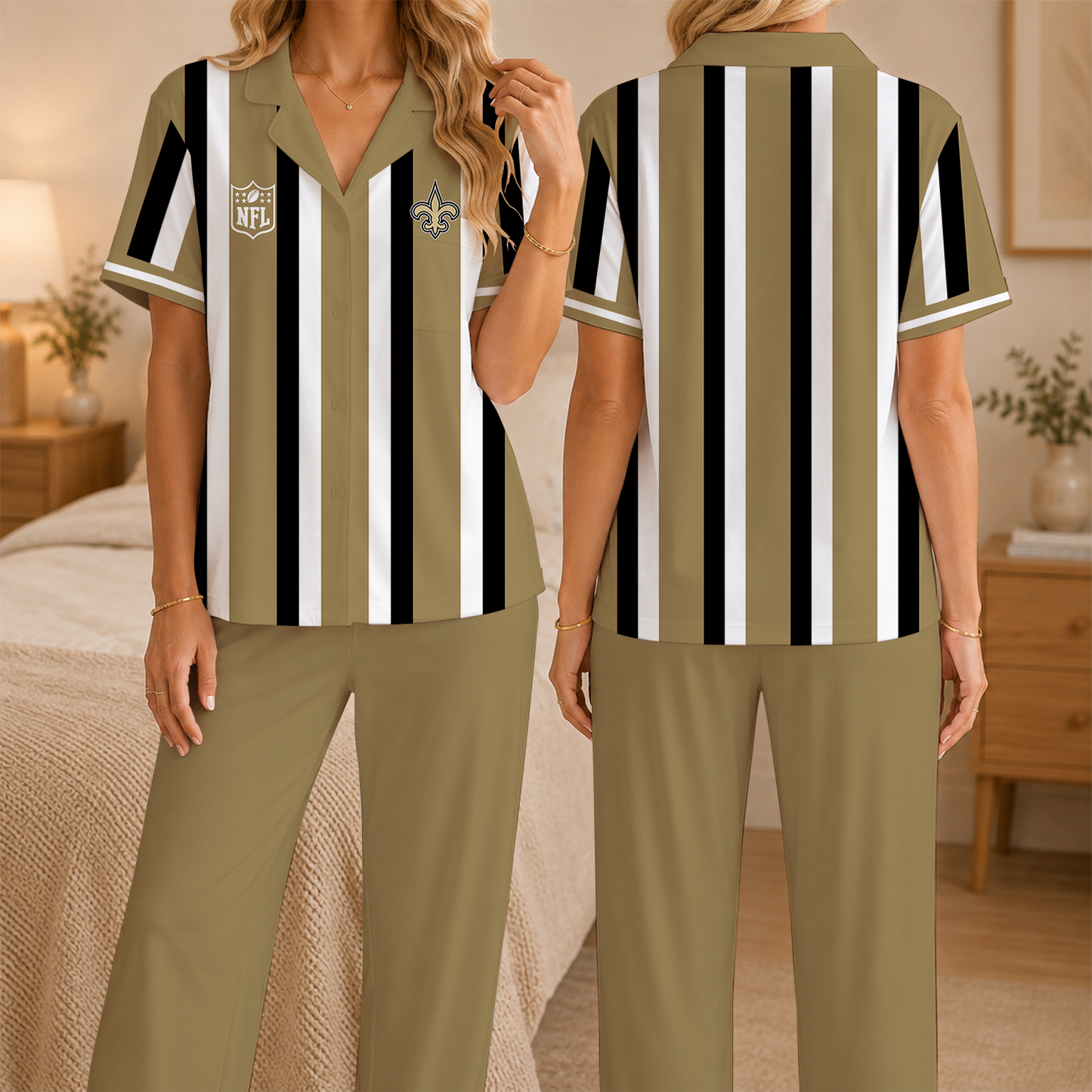 [SPECIAL OFFER] NEW CUSTOMIZED NFL24 NOS NEW ORLEANS SAINTS SHORT SLEEVE & LONG PANTS PAJAMAS SET
