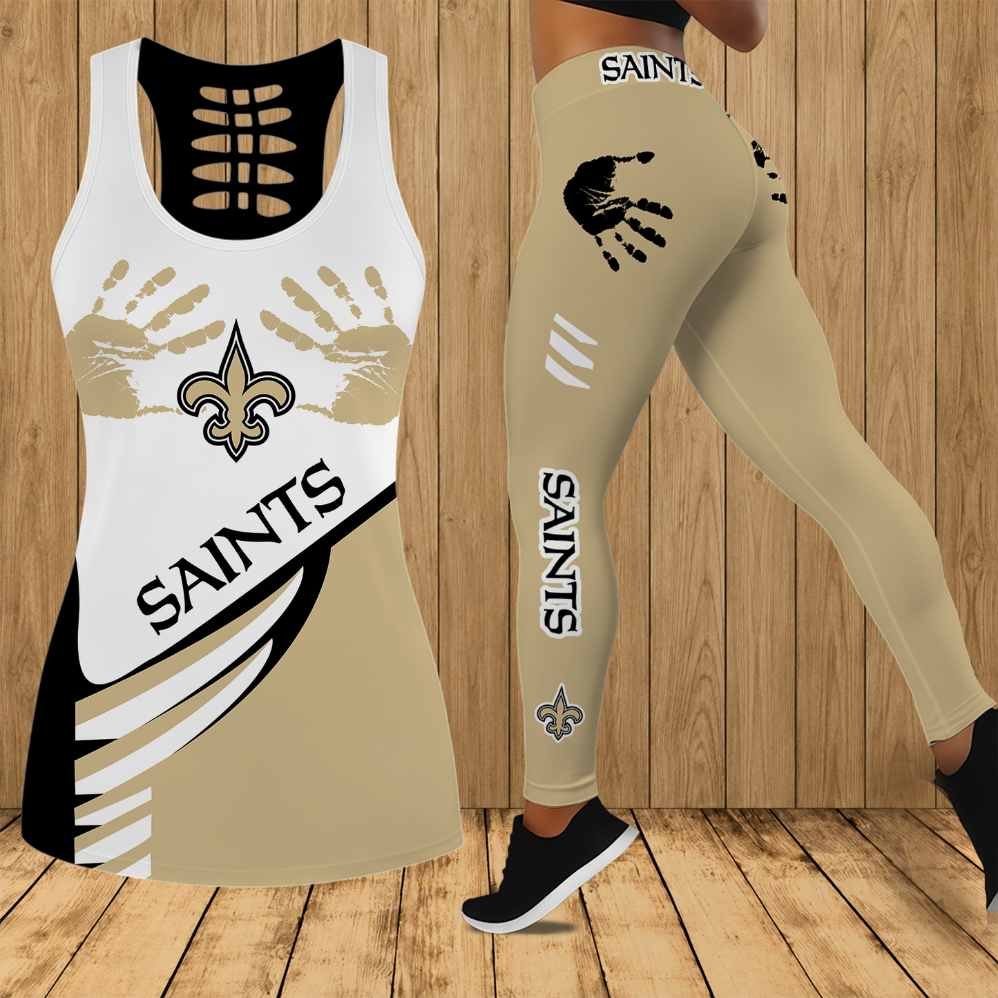 [SPECIAL OFFER] NEW CUSTOMIZED NFL24 NOS NEW ORLEANS SAINTS HOLLOW TANK TOP & LEGGINGS SET