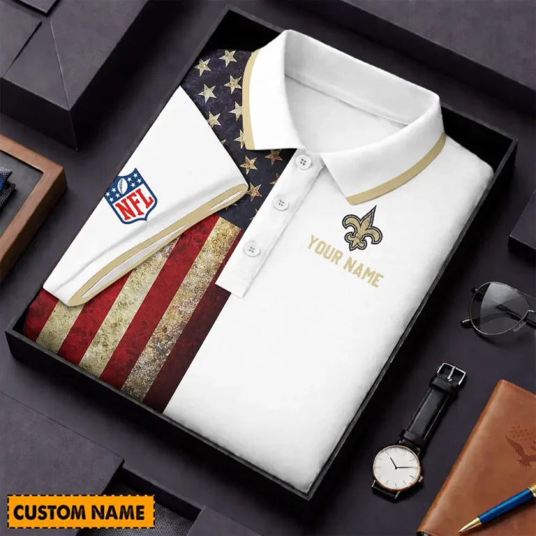 [SPECIAL OFFER] NEW CUSTOMIZED NFL24 NOS NEW ORLEANS SAINTS US FLAG POLO SHIRT