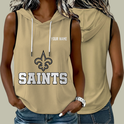 [SPECIAL OFFER] NEW CUSTOMIZED NFL24 NOS NEW ORLEANS SAINTS WOMEN'S SLEEVELESS HOODED POCKET TANK TOP